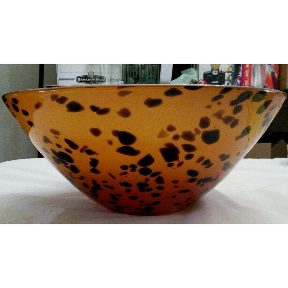 Vintage Leopard Bowl Art Glass Ombre Tortoiseshell Heavy Orange Brown/Dark Brown